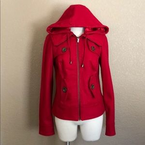G By Guess Red Wool Hooded Zipper Coat